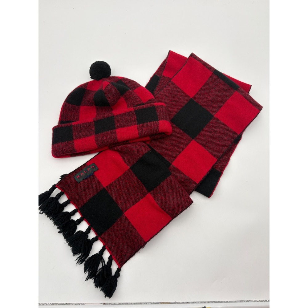 Ralph Lauren Red Black Buffalo Plaid Knit Beanie Pom Hat and Tassel Scarf Set